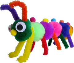 A multicolored caterpillar made of pom-poms and pipe cleaners.