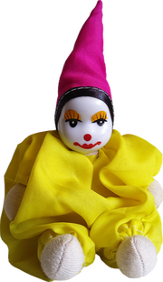 A small clown doll with a yellow outfit and pink cone-shaped hat.