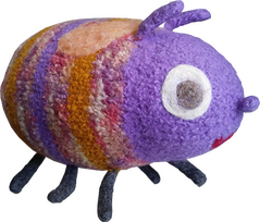 A plush of a round purple bee with multicolored stripes.